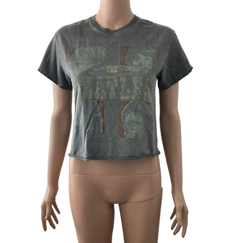 The Beatles Tshirt Womens Small Cropped Charcoal Black Faded Images